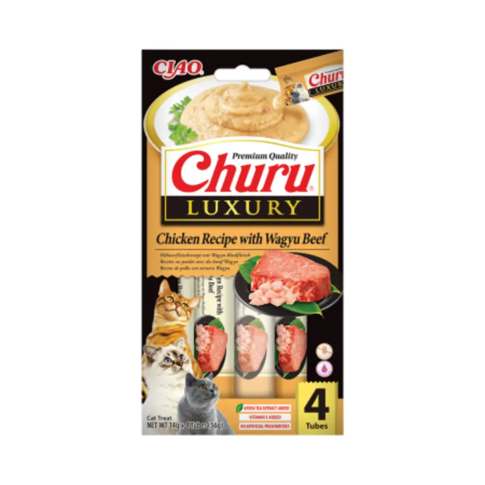 INABA Churu Luxury, Ton și Vită Wagyu, plic recompense fără cereale pisici, (piure), 56g