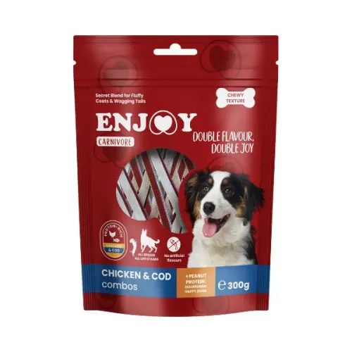 Recompense pentru caini Enjoy Carnivore Chicken Combo cu pui si cod 300 gr