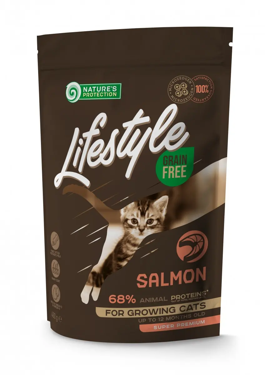 Nature's Protection Lifestyle Grain Free, somon, hrana uscata pentru pisici junior, 400 gr