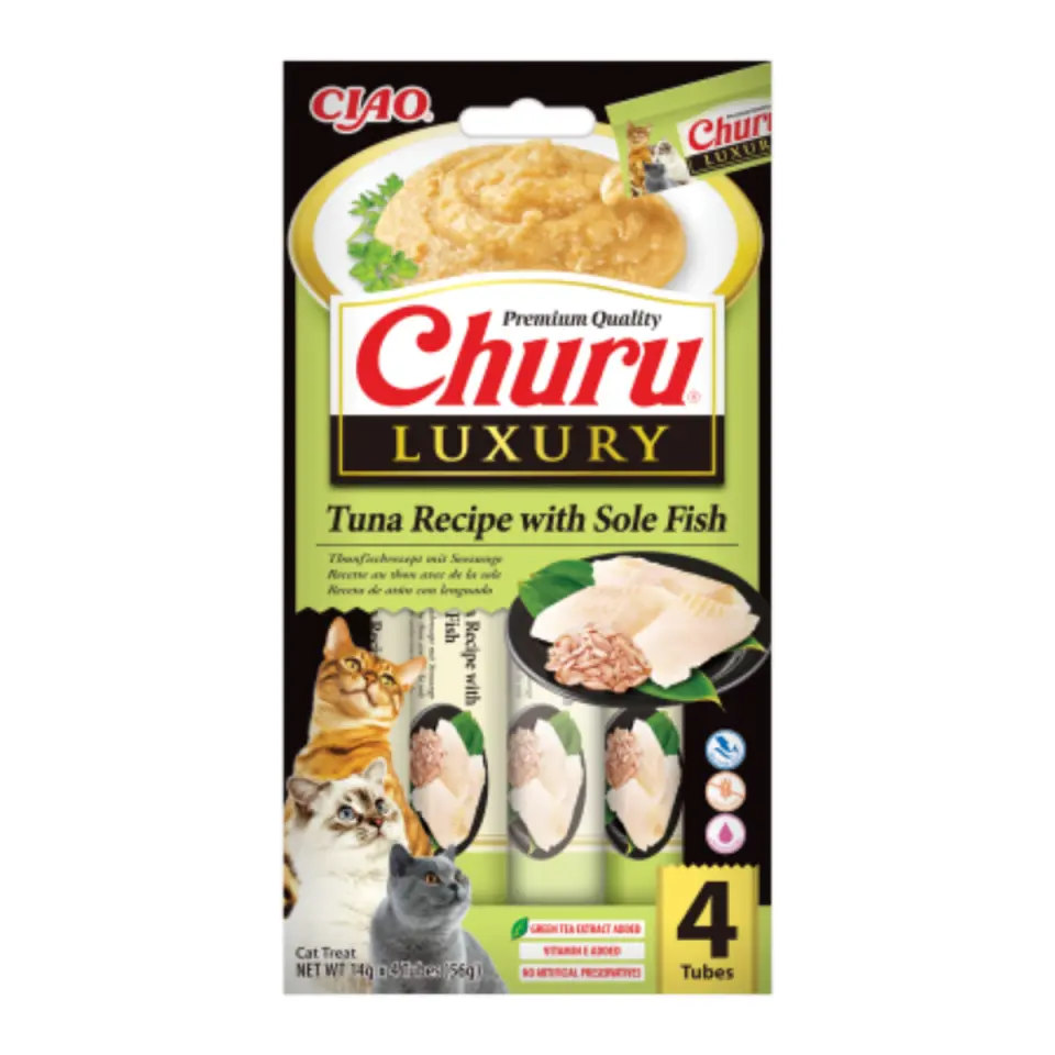 INABA Churu Luxury, Ton și Limbă-de-mare, plic recompense fără cereale pisici, (piure), 56g