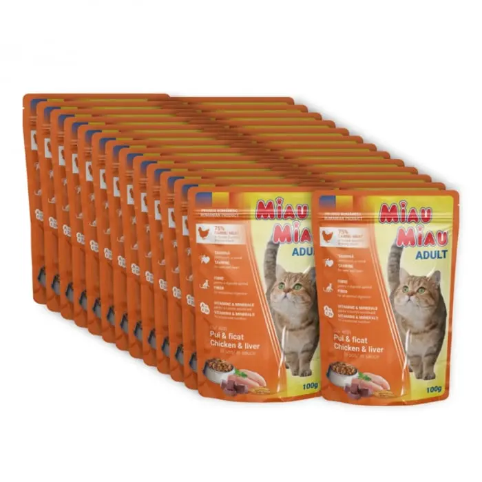 Set 24 buc x 100 gr Hrana umeda pentru pisici Miau Miau cu pui ficat in sos