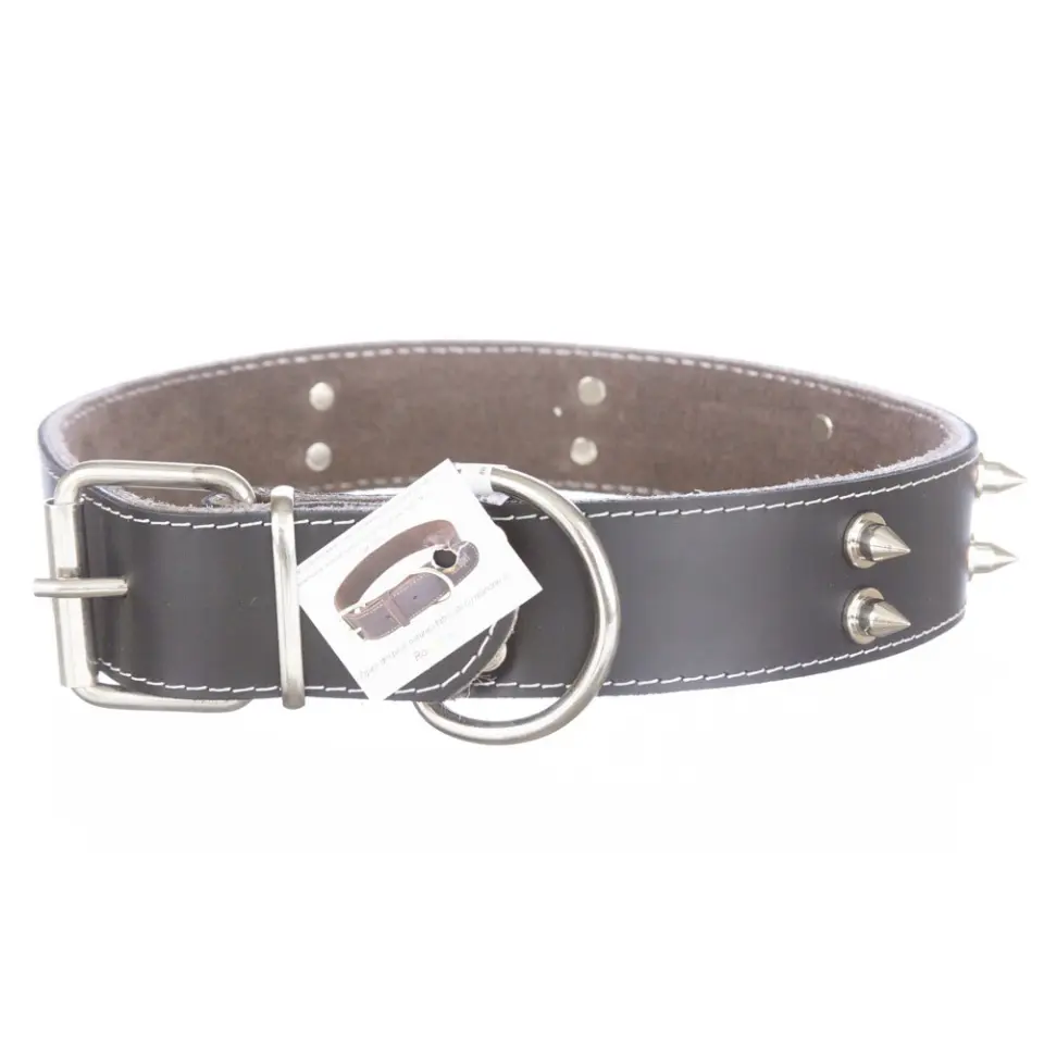 Zgarda din piele, neagra, cu 2 randuri de colti metalici, 4 cm x 65 cm