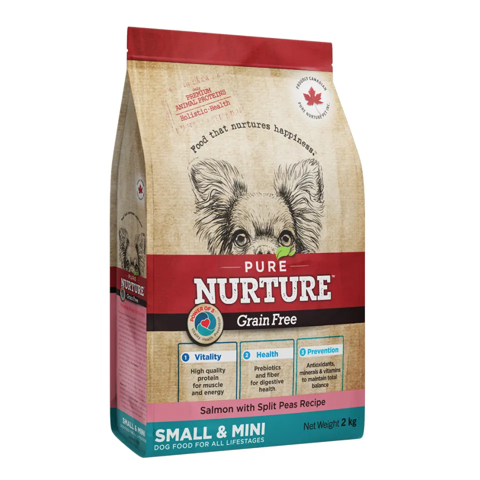 Hrana caini de talie mica si mini Pure Nurture Grainfree, cu somon si mazare, 2 kg