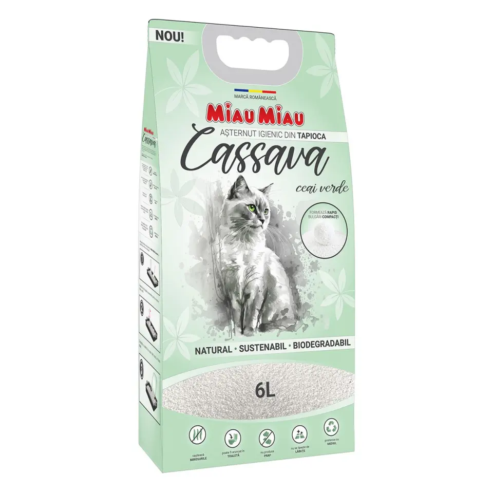 MIAU MIAU Cassava, ceai verde, așternut igienic pisici, granule, tapioca, aglomerant, ecologic, biodegradabil, 6l MIAU MIAU Cassava, neparfumat, așternut igienic pisici, granule, tapioca, aglomerant, ecologic, biodegradabil, 6l