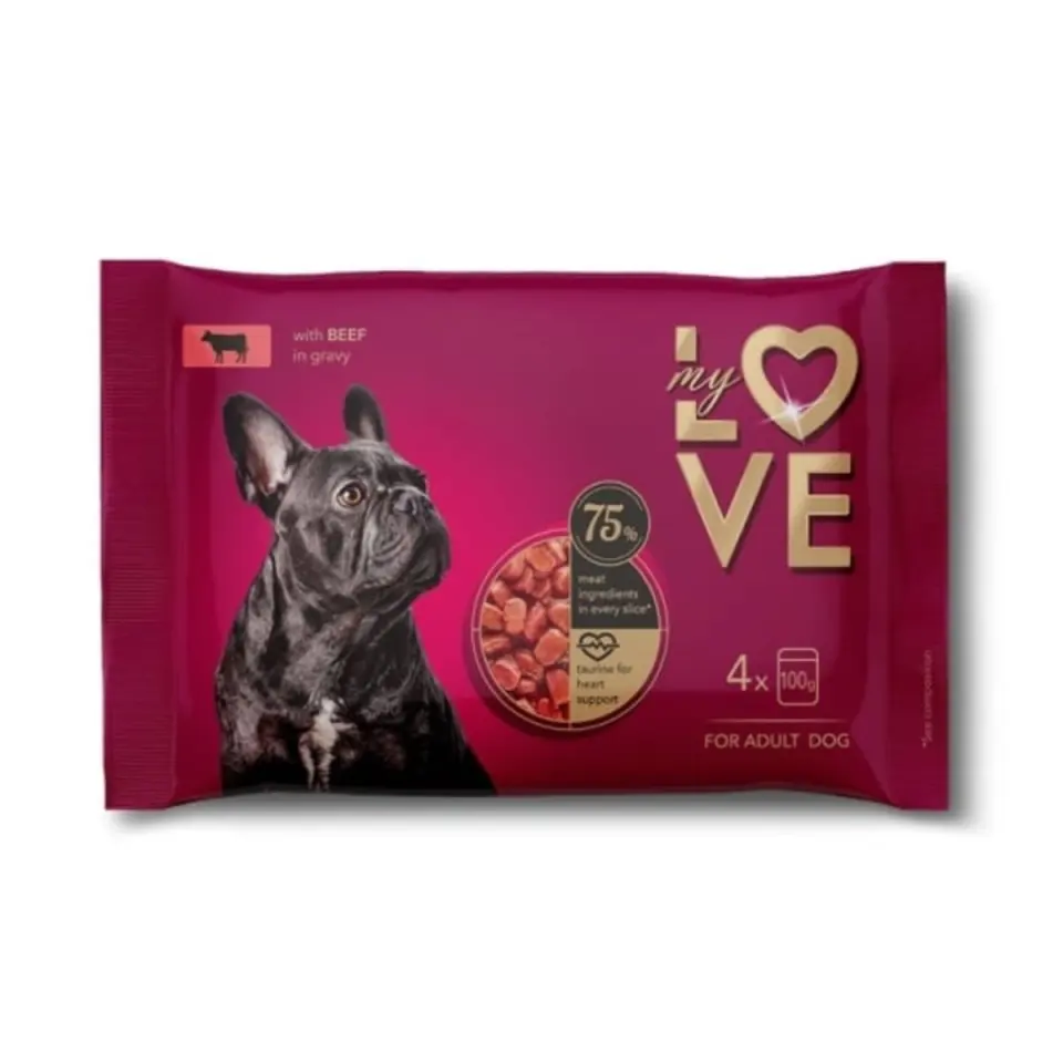 MY LOVE, XS-XL, Vită, plic hrană umedă câini, (în sos), multipack, 100g x 4buc