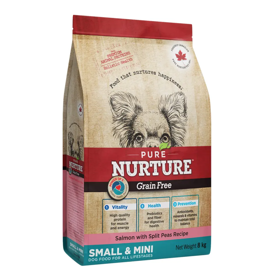 Hrana caini de talie mica si mini Pure Nurture Grainfree, cu somon si mazare, 8 kg