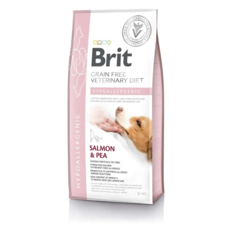 BRIT VD Hypoallergenic, XS-XL, Somon, dietă veterinară, hrană uscată fără cereale câini, alergii, 12kg