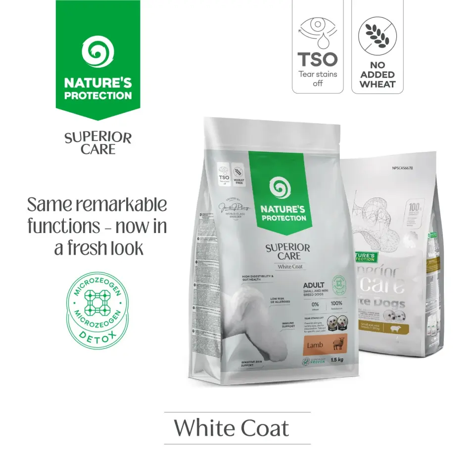 Nature's Protection Superior Care White Dogs, miel, hrana uscata pentru caini adulti de talie mica cu blana alba, 1.5 kg