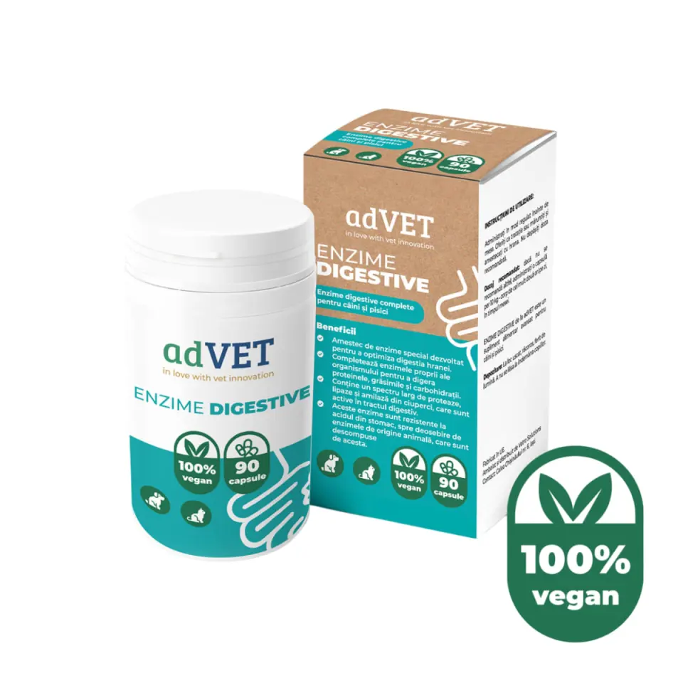 ADVET Enzime Digestive, supliment sistem digestiv câini, capsule ADVET Enzime Digestive, XS-XL, supliment sistem digestiv câini și pisici, flacon, 90 capsule