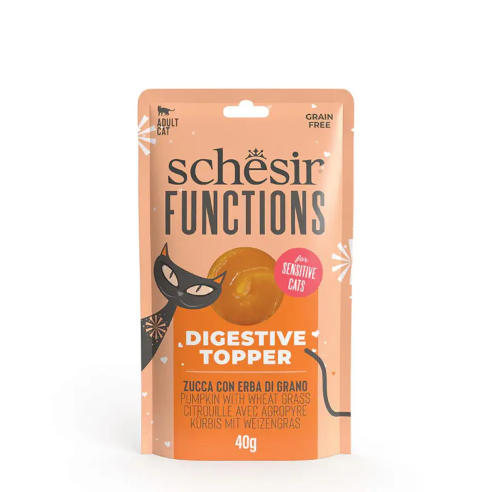 SCHESIR Functions Digestive Topper, dovleac, plic hrană umedă fără cereale pisici, sistem digestiv, (topping), 40g