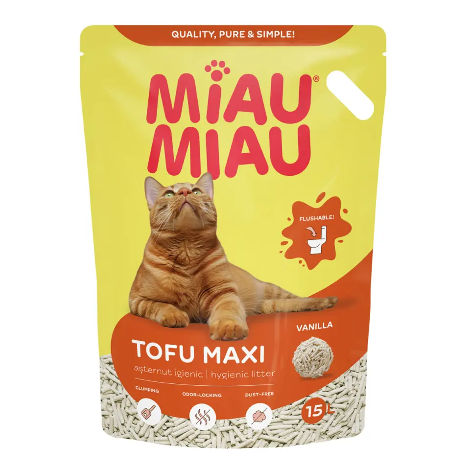 MIAU MIAU Tofu Maxi, Vanilie, așternut igienic pisici, peleți, tofu, neaglomerant, ecologic, biodegradabil, 15l MIAU MIAU Maxi, neparfumat, așternut igienic pisici, peleți, tofu, neaglomerant, ecologic, biodegradabil, 15l