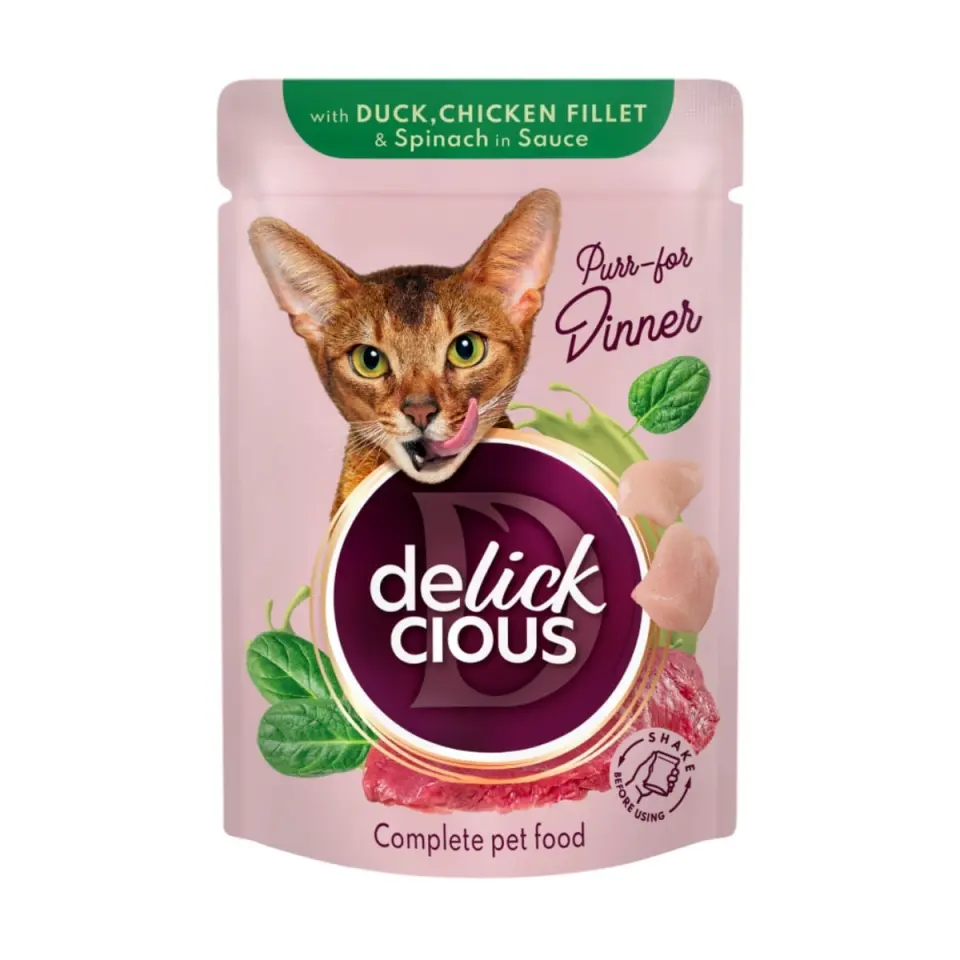 DELICKCIOUS Dinner, Rață și Pui, plic hrană umedă pisici, (în sos), 85g