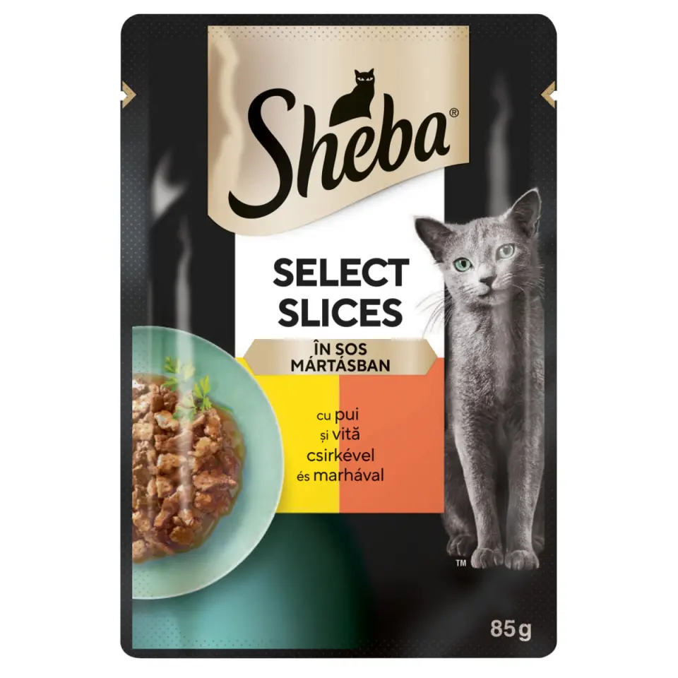 SHEBA Select Slices, Pui și Vită, plic hrană umedă pisici, (în sos), bax, 85g x 28buc