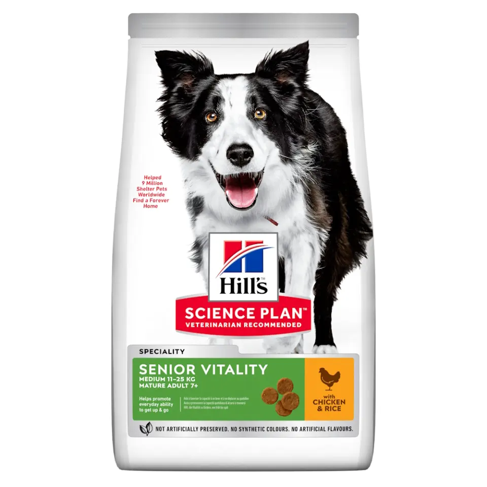 HILLS SP CANINE SENIOR VITALITY MED CHK, hrana uscata pentru caini seniori de talie medie, cu pui, 14 KG