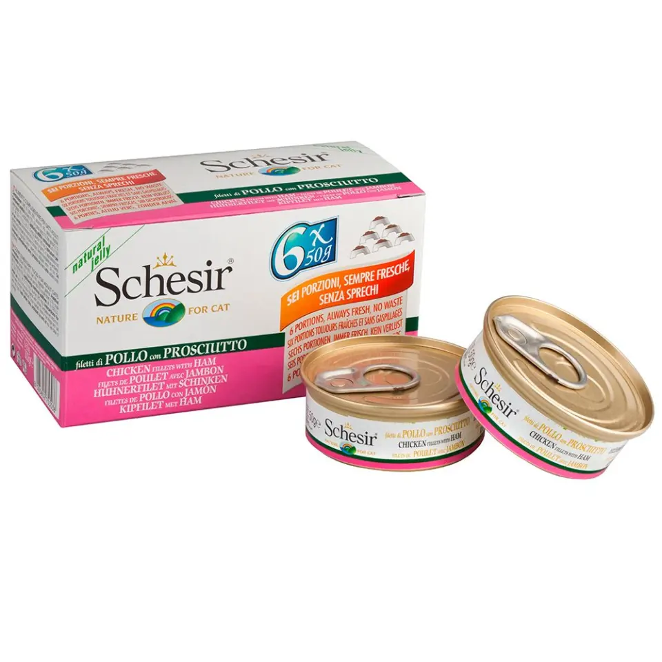 Hrana umeda pisici, Schesir Cat, Pui si Sunca, 6x50 g