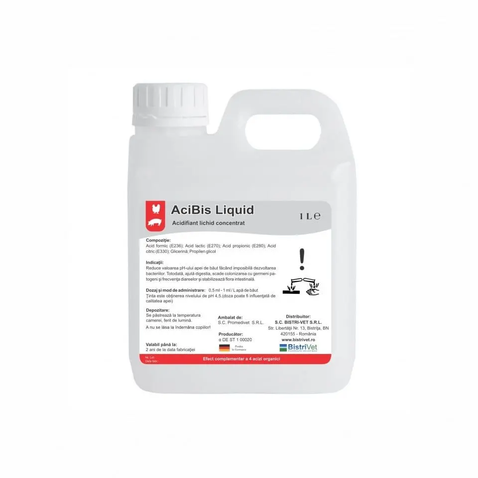 Furaj complementar lichid de acizi organici pentru acidifierea furajului si a apei de baut, AciBis Liquid, 1 L