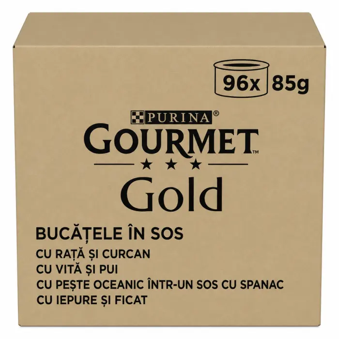 Set 96 buc x Hrana umeda pentru pisici Gourmet Gold Doble Placer cu rata curcan, vita pui, peste oceanic, iepure ficat 85 gr