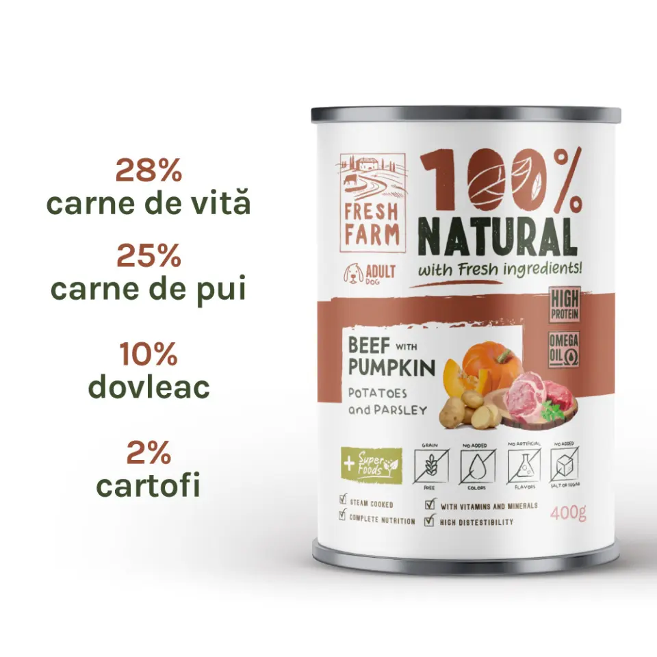 Fresh Farm Coarse pate, cu vita, dovleac, cartofi si patrunjel, hrana umeda pentru caini, fara cereale, 400 gr