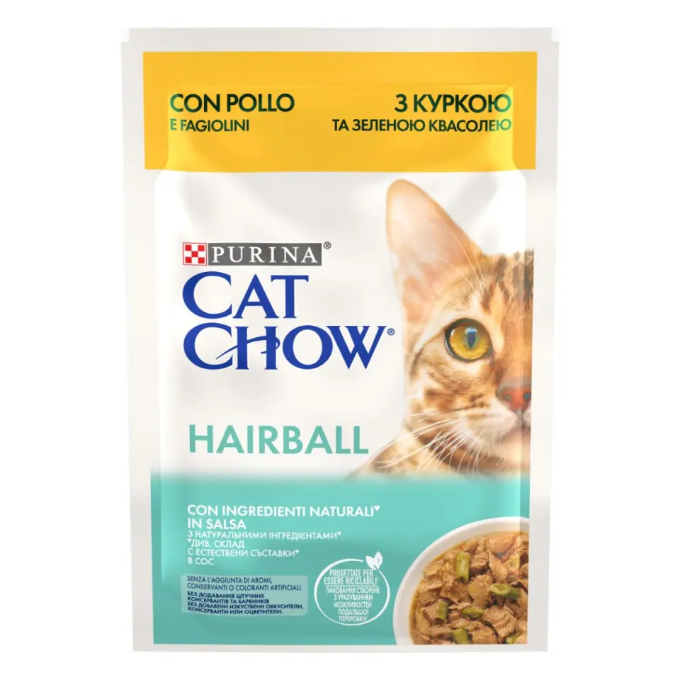 PURINA Cat Chow Hairball Control, Pui și Fasole Verde, hrană umedă pisici, limitarea ghemurilor de blană, (în sos)