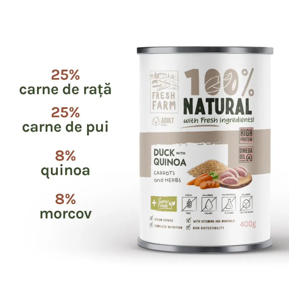 Fresh Farm Coarse pate, cu rata, quinoa, morcov si amestec de ierburi, hrana umeda pentru caini, fara cereale, 400 gr