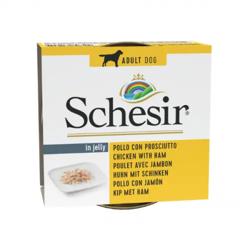 Hrana umeda caini, Schesir Dog Chicken with Ham in Jelly, 150 g