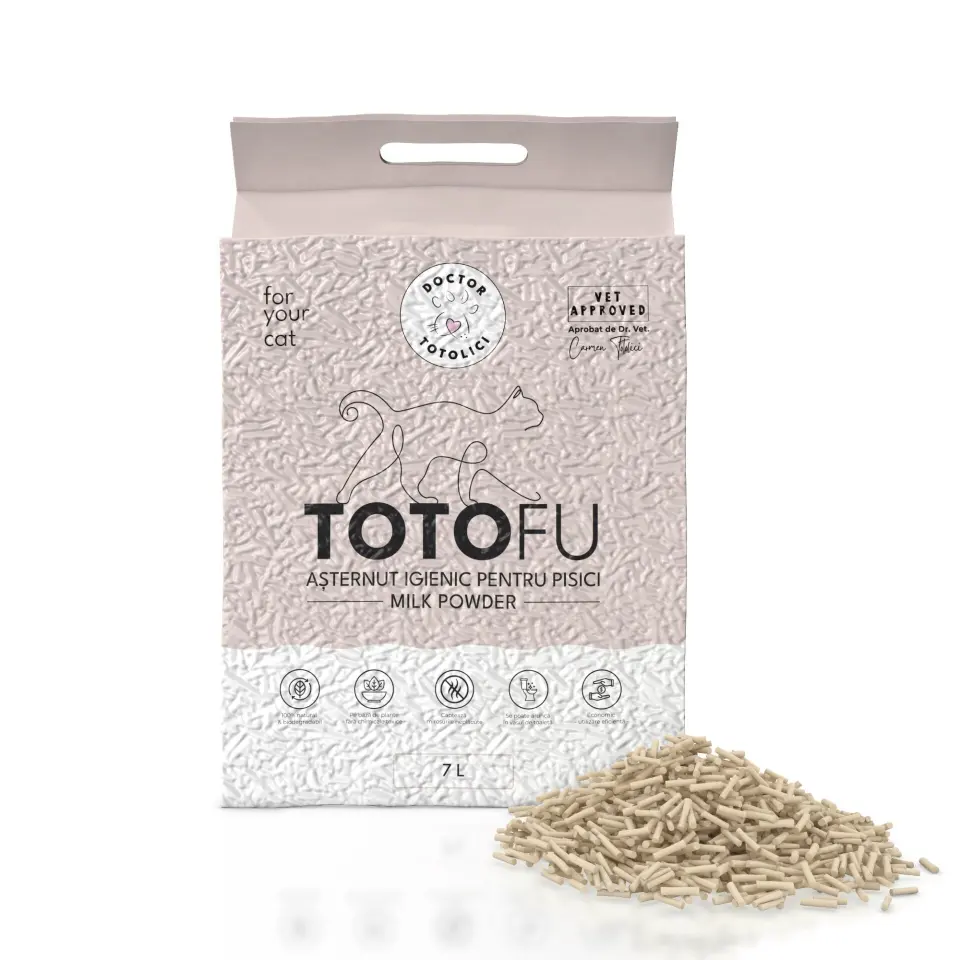Asternut igienic pentru litiera TOTOFU natural, pe baza de plante, ultra-absorbant, cu pudra de lapte, 7 L