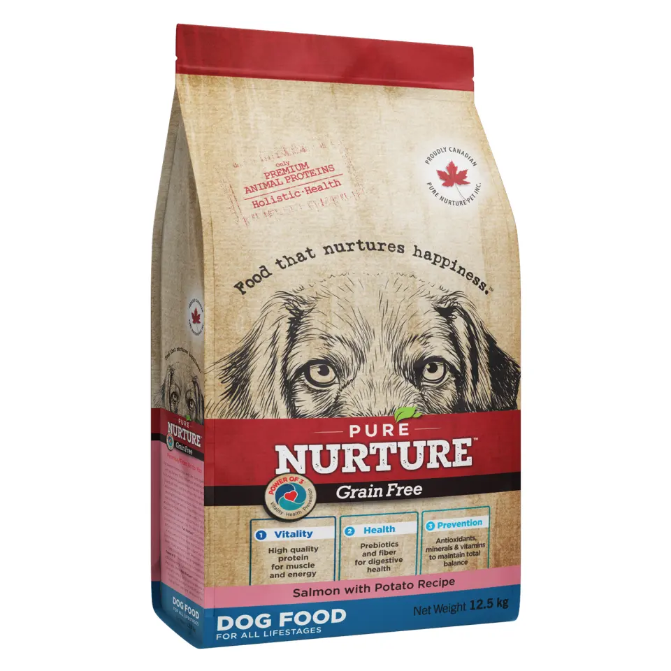 Hrana caini de toate varstele Pure Nurture Grainfree, cu somon si cartofi, 12.5 kg
