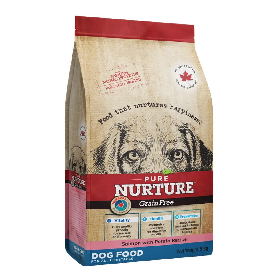 Hrana caini de toate varstele Pure Nurture Grainfree, cu somon si cartofi, 3 kg
