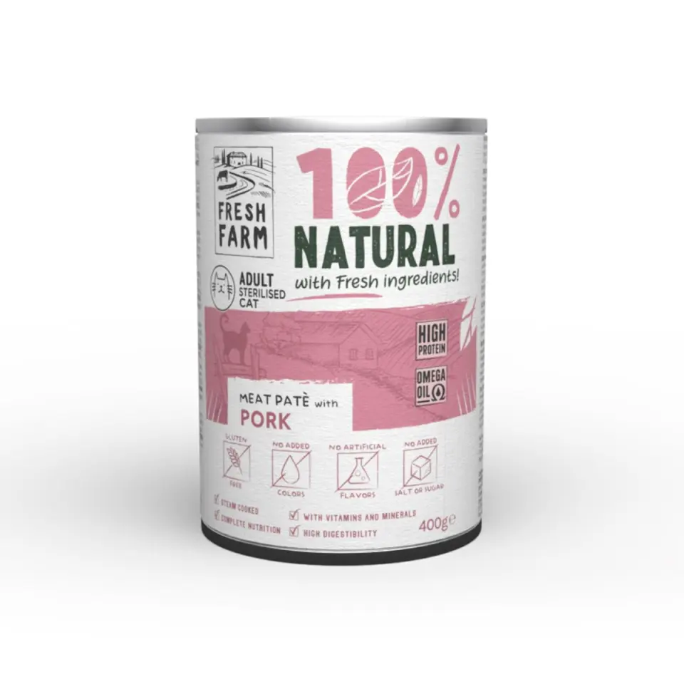 FRESH FARM Smooth Sterilised, Porc, conservă hrană umedă pisici sterilizate, (pate), 400g