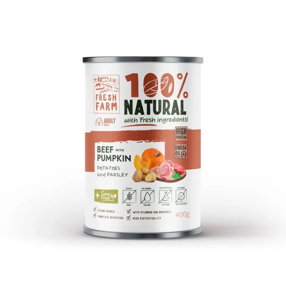 Conserva pentru caini Fresh Farm Coarse Pate cu vita, dovleac cartofi 400 gr