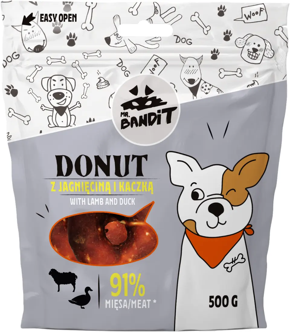 Recompense pentru caini Mr. Bandit Donut, miel si rata, 500g