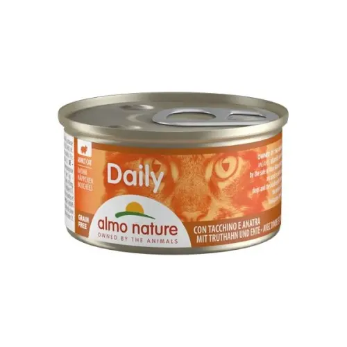 Almo Nature Daily Cat, conserva cu bucati curcan si rata, set 12 X 85 g