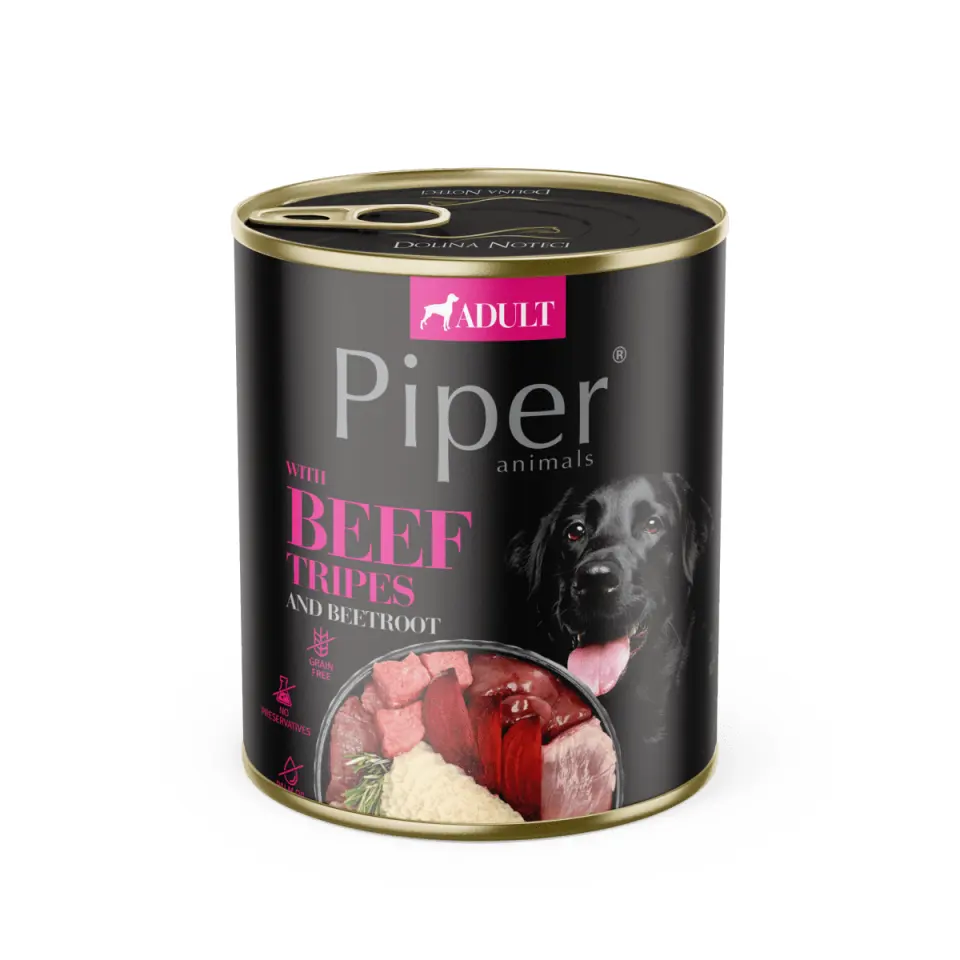 Hrana umeda pentru caini PIPER DOG, burta de vita si sfecla rosie, 800g