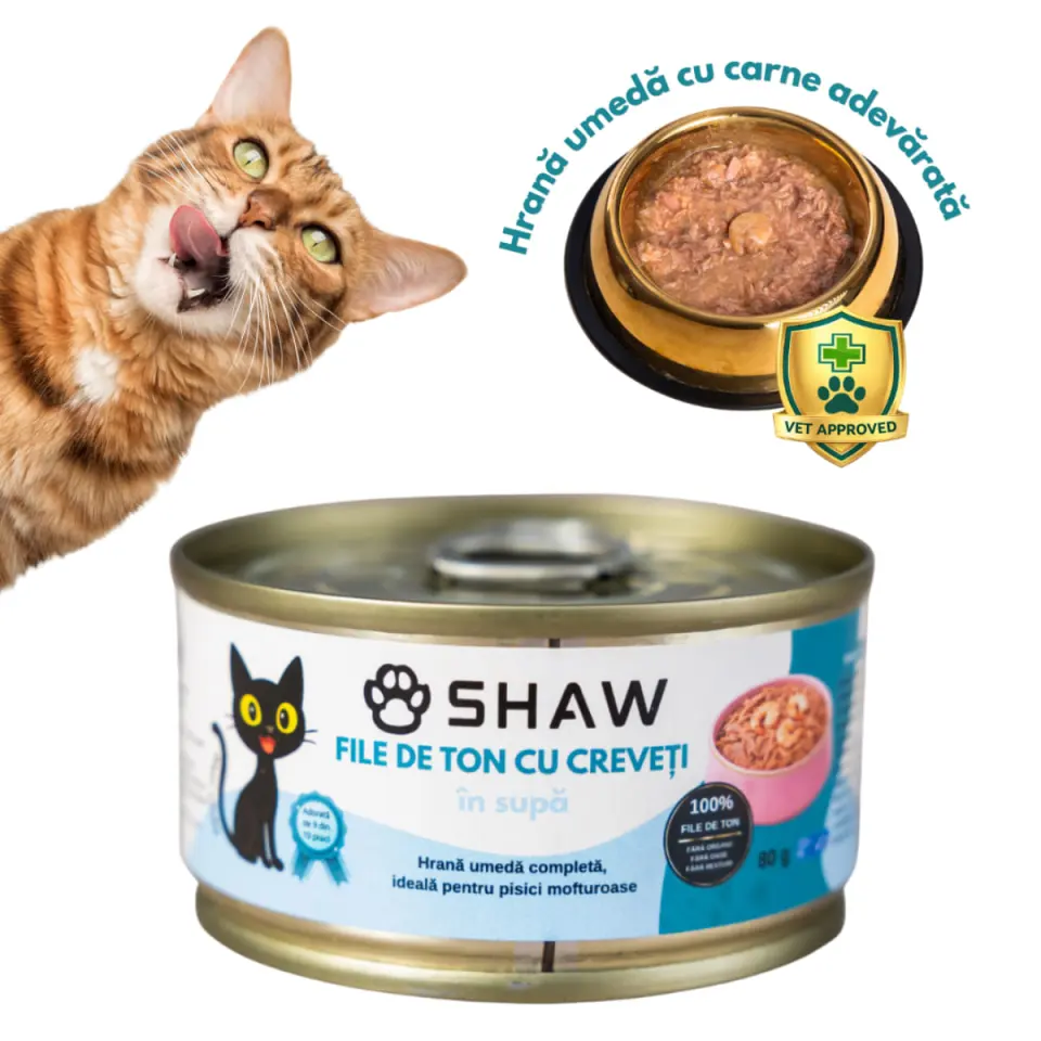 SHAW File, Ton și Creveți, conservă hrană umedă fără cereale pisici, apetit capricios, (în supă), 80g