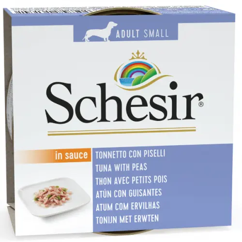 Hrana umeda caini, Schesir Dog Adult Small Tuna with Peas in Sauce, 85 g