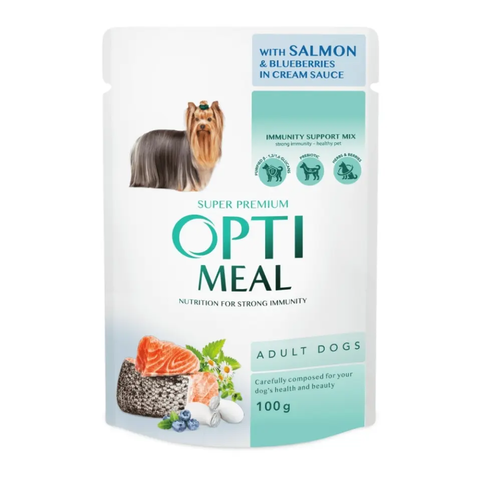 Optimeal Adult - Hrana umeda super-premium - Somon si Afine - 100g