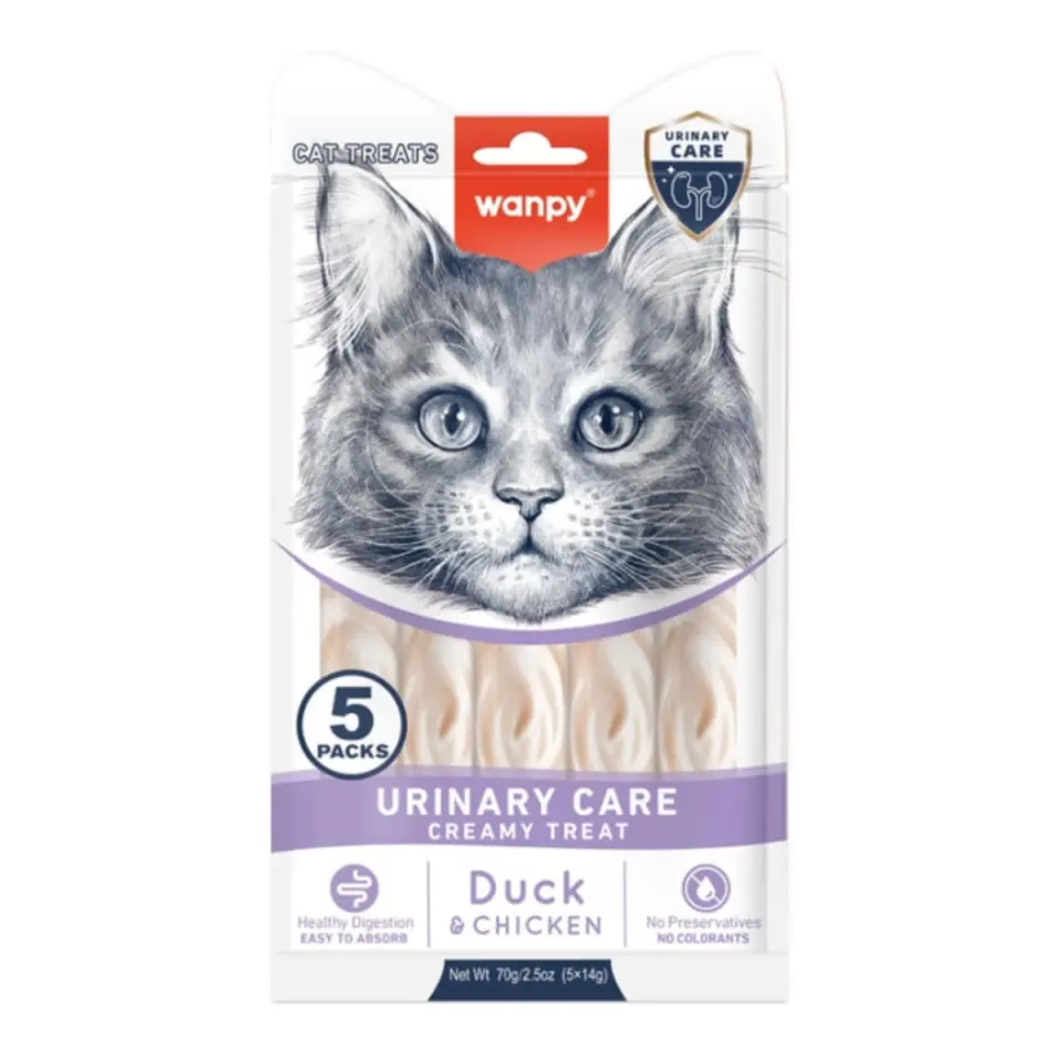 WANPY Urinary Care Creamy Treats, Rață și Pui, punguță recompense funcționale pisici, sistem urinar, (piure), 70g