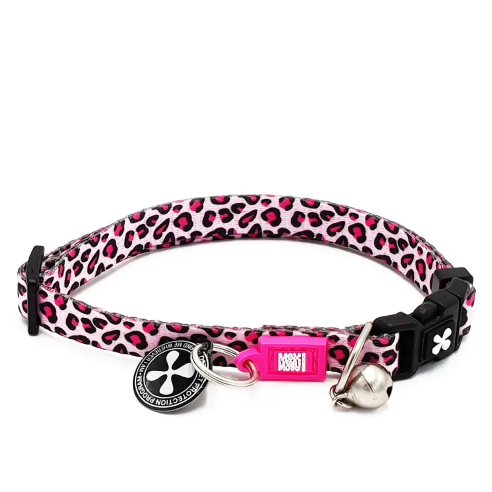 MAX & MOLLY Smart ID Leopard Pink, zgardă pisici, ajustabilă, poliester, roz, cataramă trident, 22-35 x 1cm