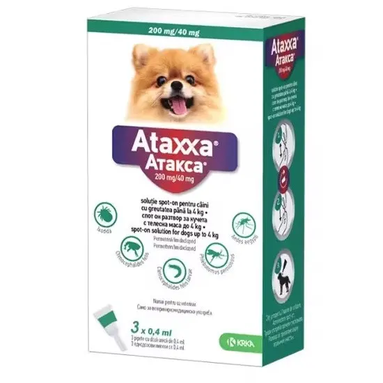 Ataxxa 200 mg/40 mg, antiparazitar extern pentru caini de talie foarte mica (0-4 kg), 1 pipeta