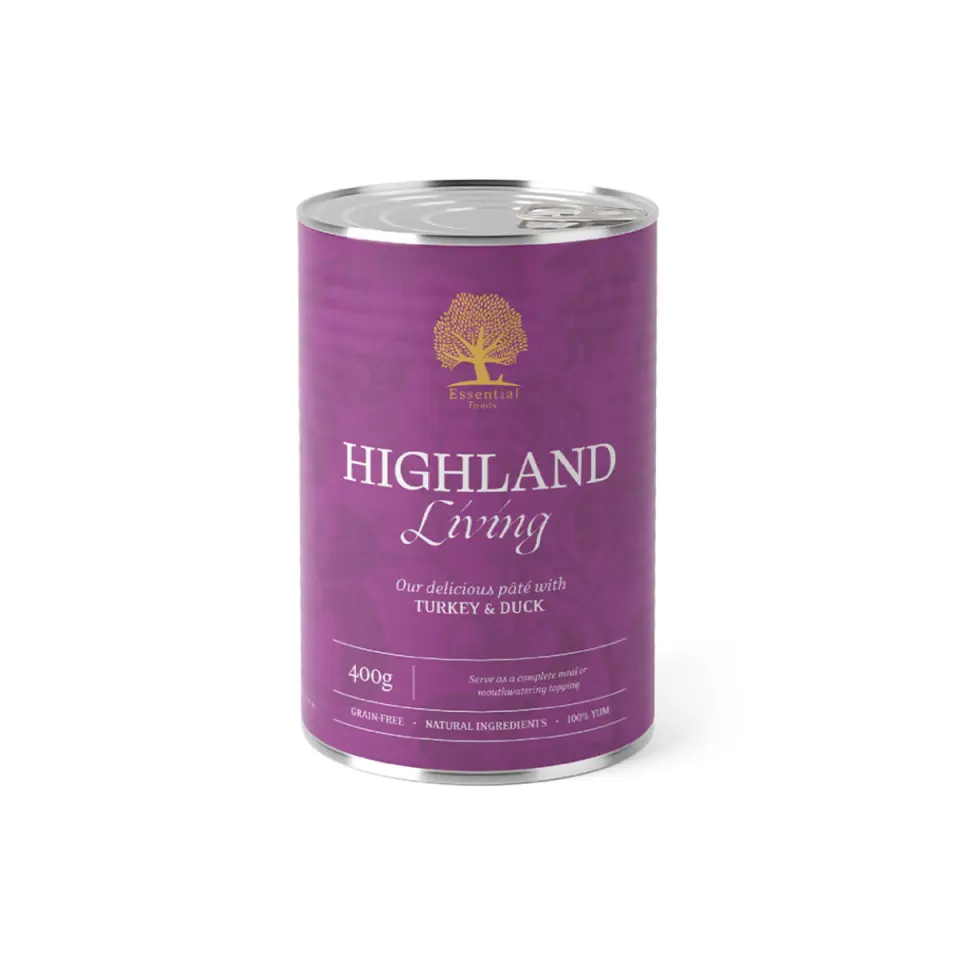 ESSENTIAL Highland Living, XS-XL, Curcan și Rață, conservă hrană umedă fără cereale câini, (pate), 400g