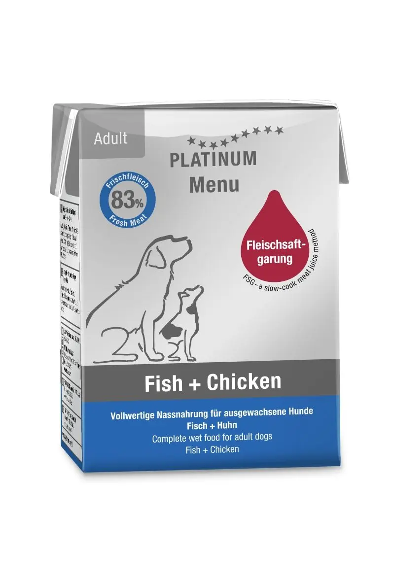 Hrana umeda caini, PLATINUM Dog Adult cu Pui si Peste, 185 g