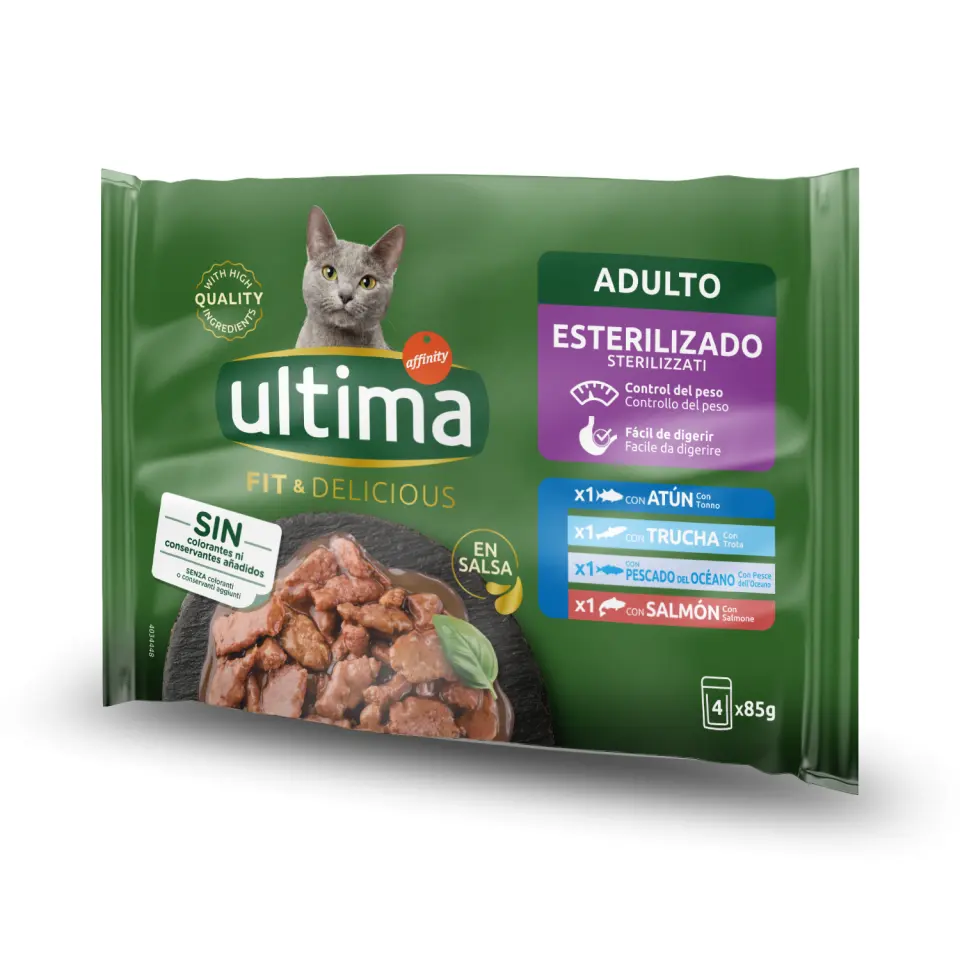 Hrana umeda pisici, Ultima Cat, Adult Sterilizat Fit & Delicious Multipack, Ton, Pastrav, Somon & Peste Oceanic, 4x85 g