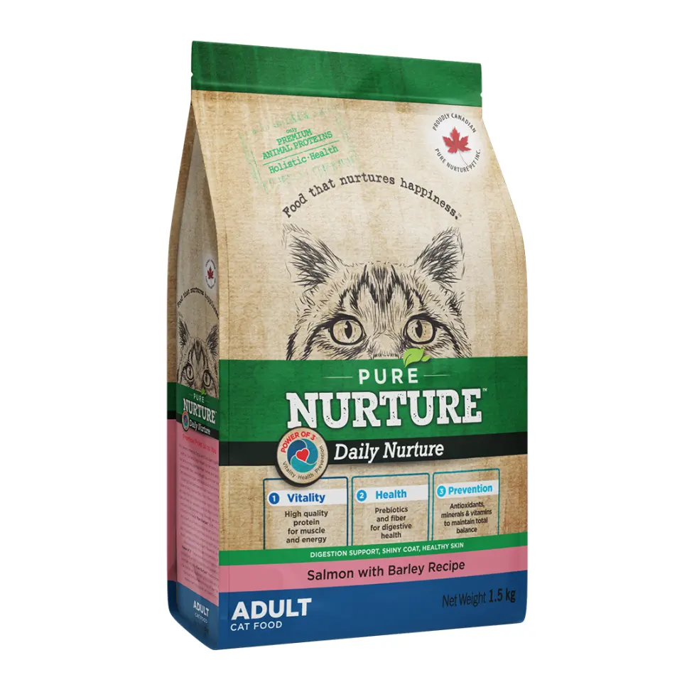 Hrana pisici adulte Pure Nurture, cu orz si somon, 1.5 kg