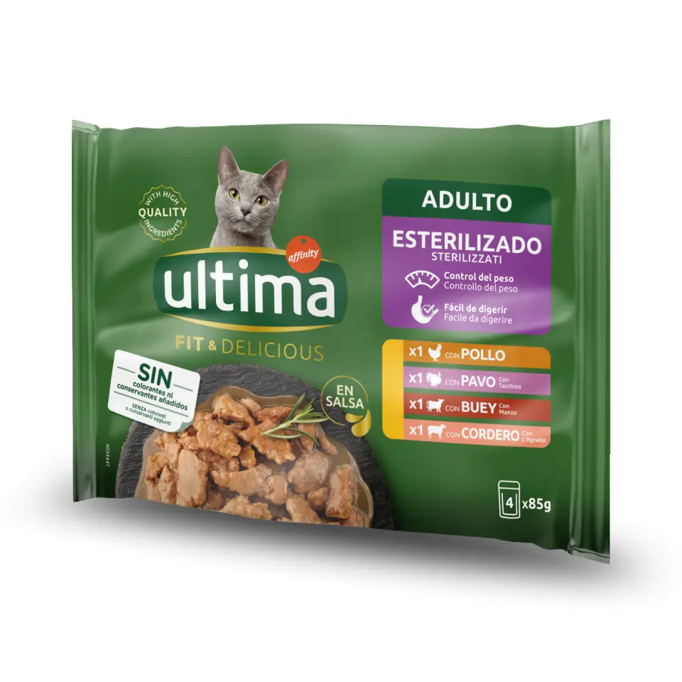 Hrana umeda pisici, Ultima Cat, Adult Sterilizat Fit & Delicious Multipack, Pui, Curcan, Vita & Miel, 4x85 g