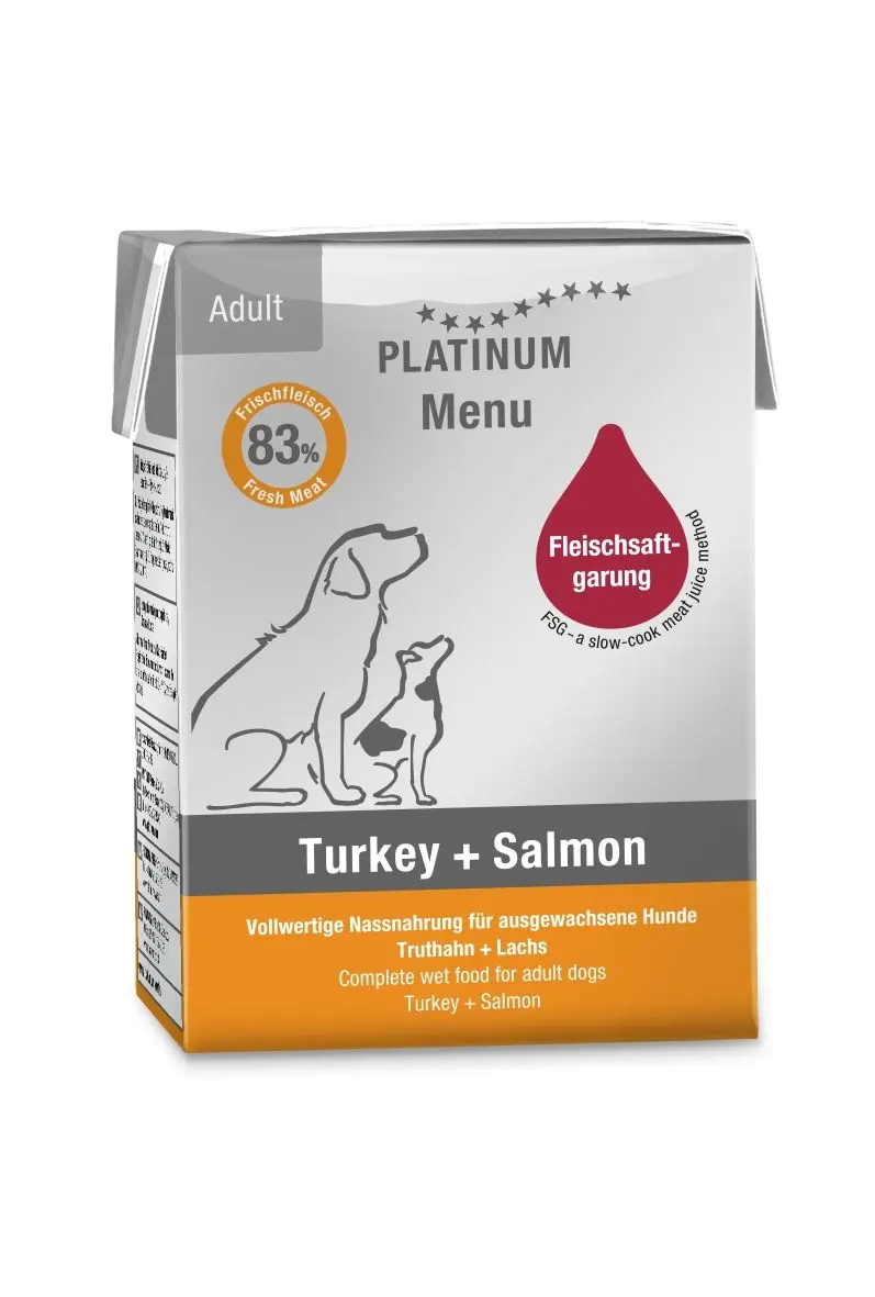 Hrana umeda caini, PLATINUM Dog Adult cu Somon si Curcan, 185 g