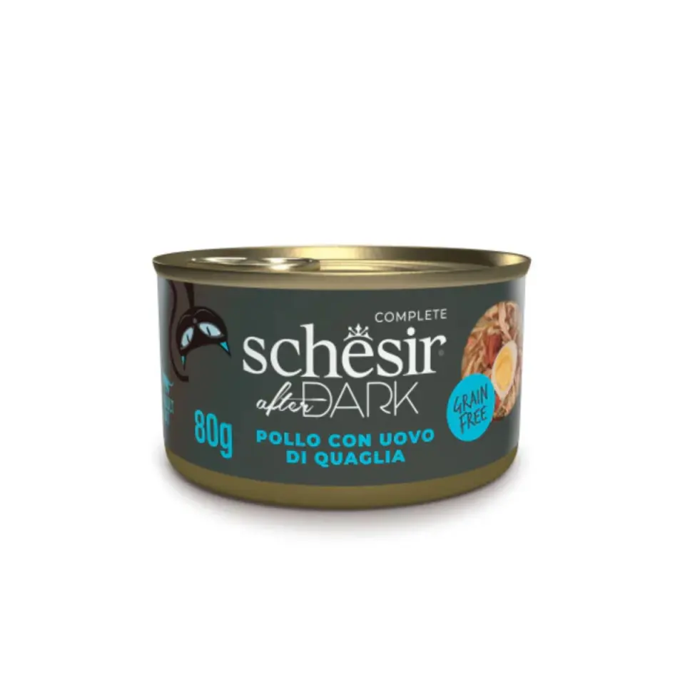 SCHESIR After Dark, Pui și Ou de Prepeliță, conservă hrană umedă fără cereale pisici, (în supă), 80g