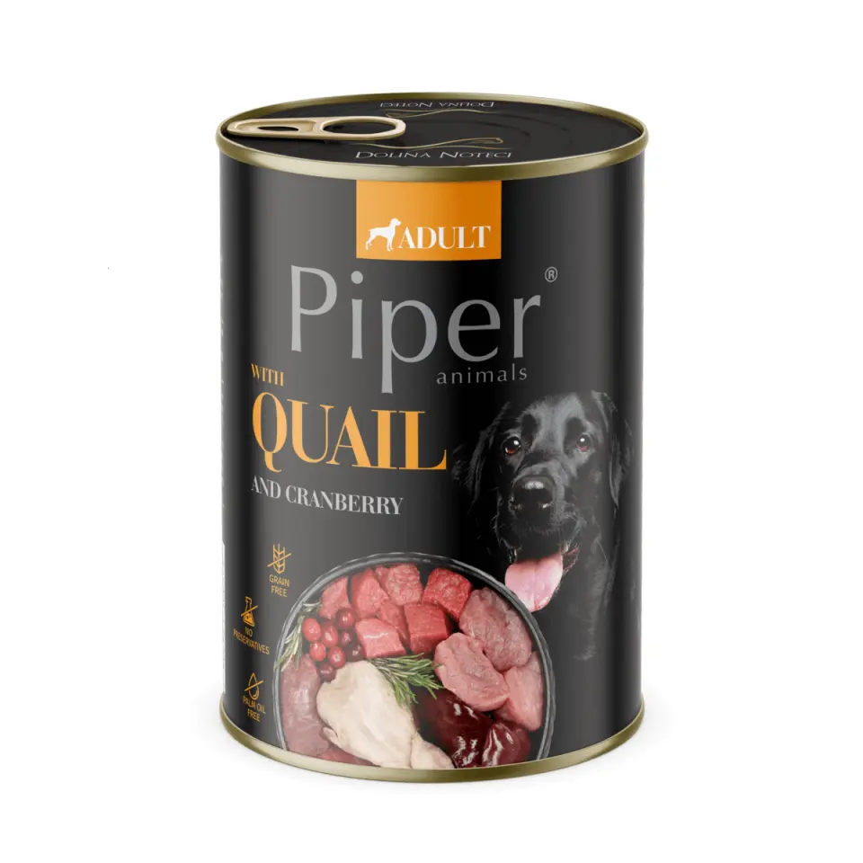 Hrana umeda pentru caini PIPER DOG, prepelita si merisoare, 400g