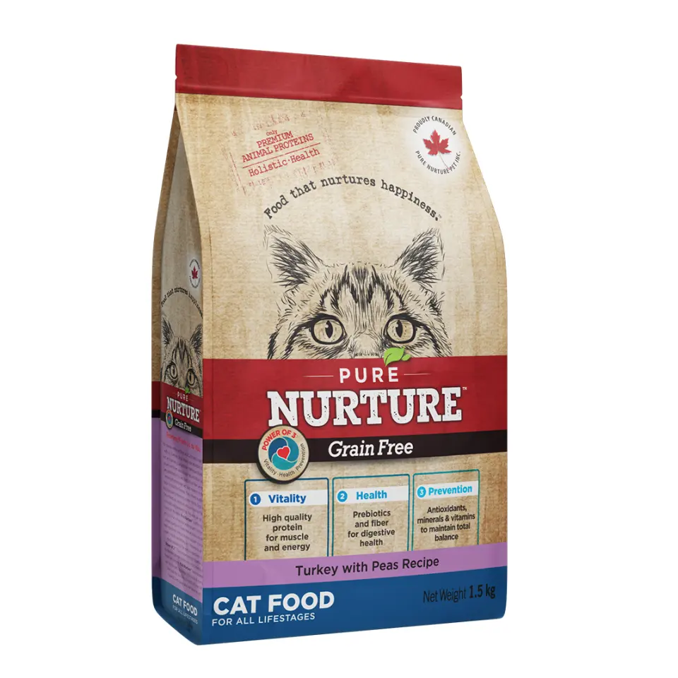 Hrana pisici de toate varstele Pure Nurture Grainfree, cu mazare si curcan, 1.5 kg