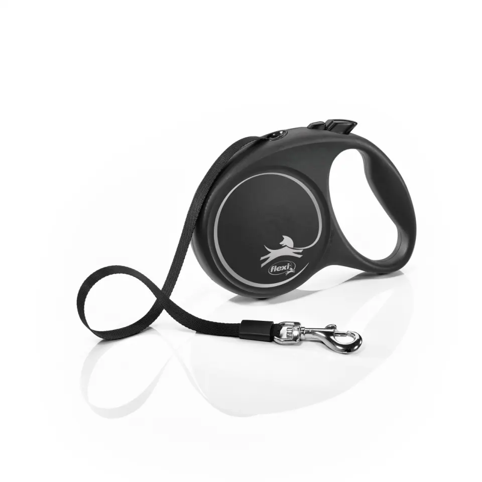 Lesa retractabila Flexi, neagra, lungime 5 m, pentru caini cu greutate de pana la 12 kg, design elegant