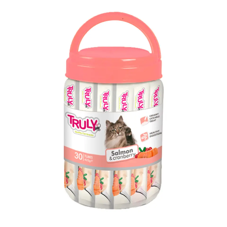 WANPY Truly Creamy Lickable Treat, Somon și Merișoare, flacon recompense fără cereale pisici, (piure), 420g